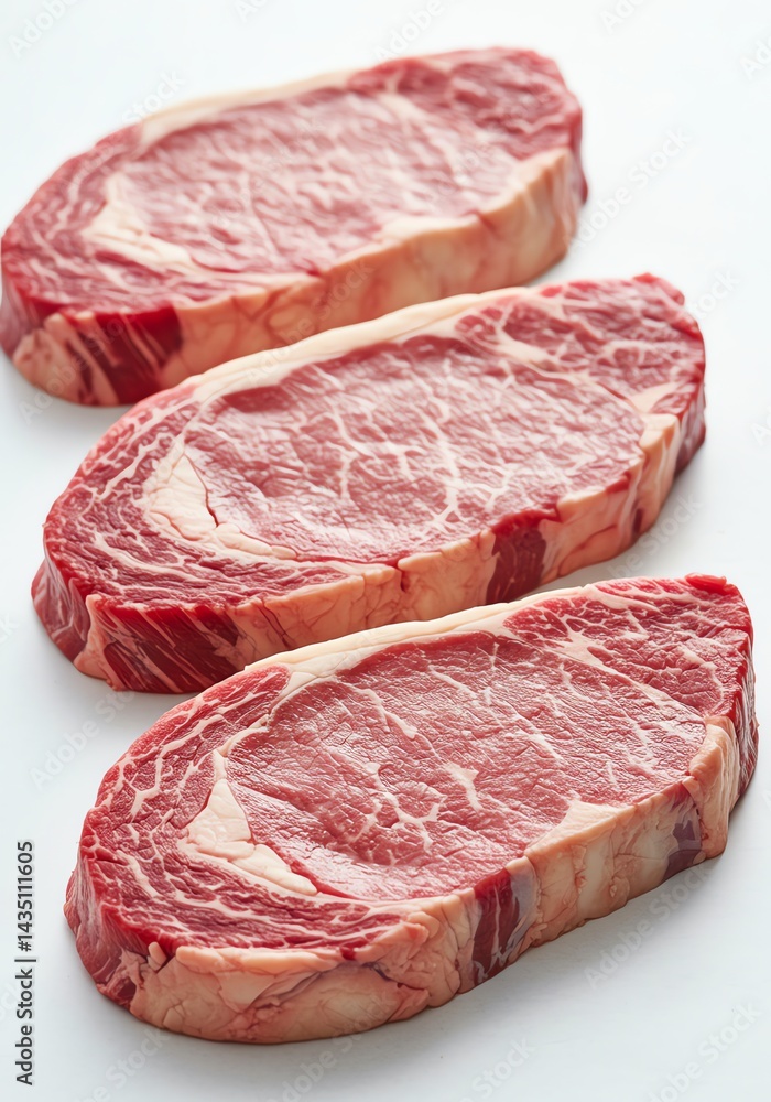 Fototapeta premium Raw Beef Steaks Marbling on White, Ready for Cooking