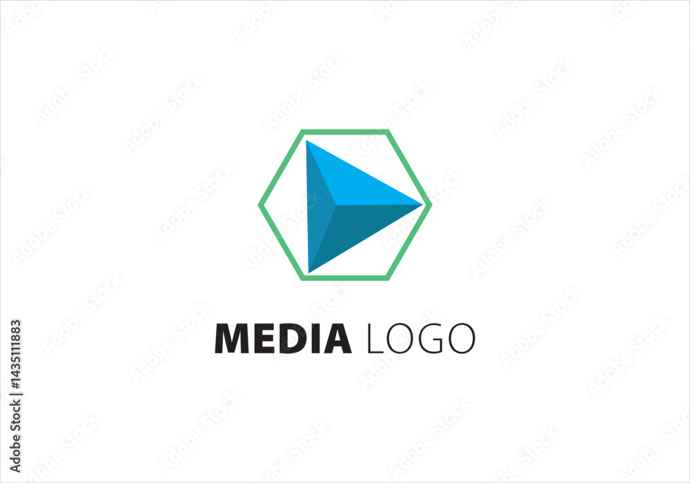 Fototapeta premium media logo with blue 3d play button in hexagon