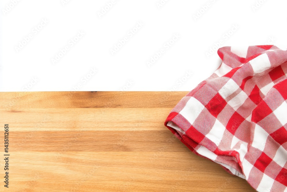 Red and white checkered cloth on wooden surface Red and white checkered cloth on wooden surface