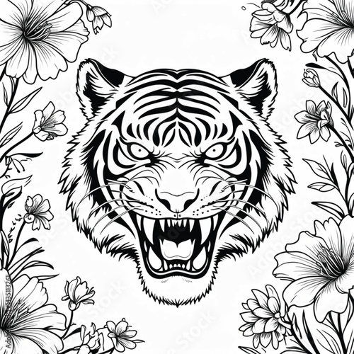 illustration of tiger head with flowers around it generate ai.