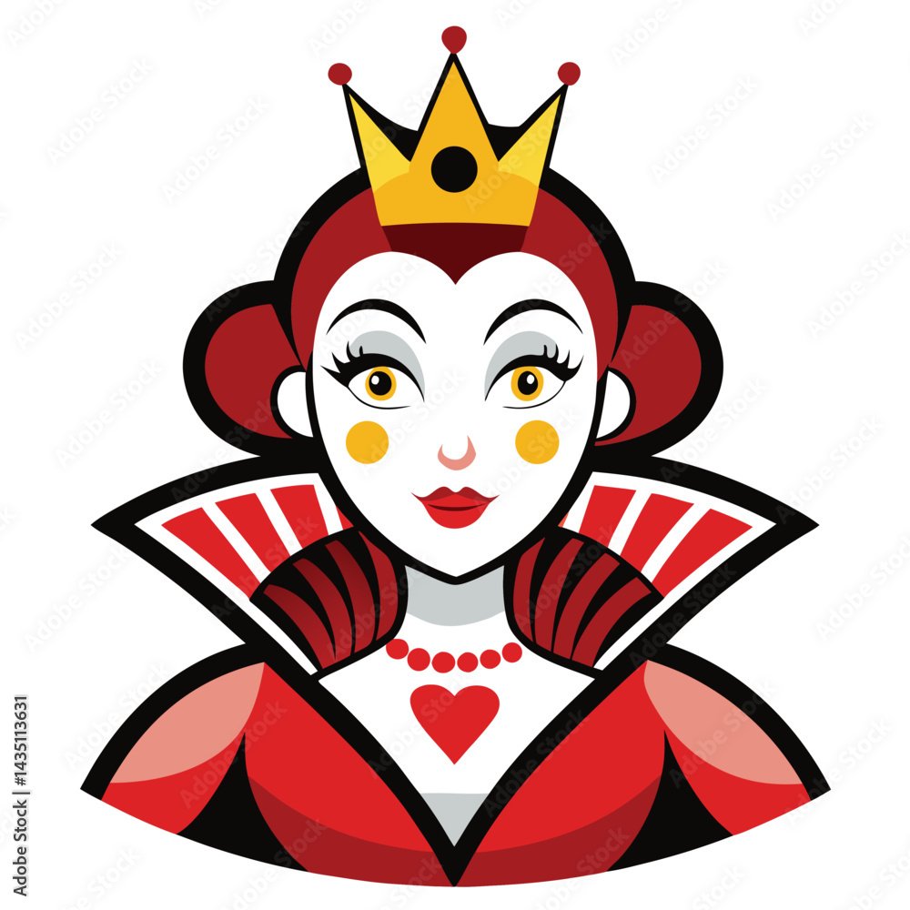 Alice in Wonderland Queen of Hearts clipart. The image shows a stylized depiction of the Queen of Hearts with a crown and a high collar. Vector illustration design. Alice in Wonderland Queen of Hearts clipart. The image shows a stylized depiction of the Queen of Hearts with a crown and a high collar. Vector illustration design.