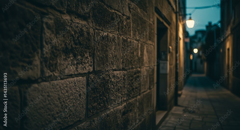Alleyway View with Stone Wall and Lanterns at Dusk Alleyway View with Stone Wall and Lanterns at Dusk
