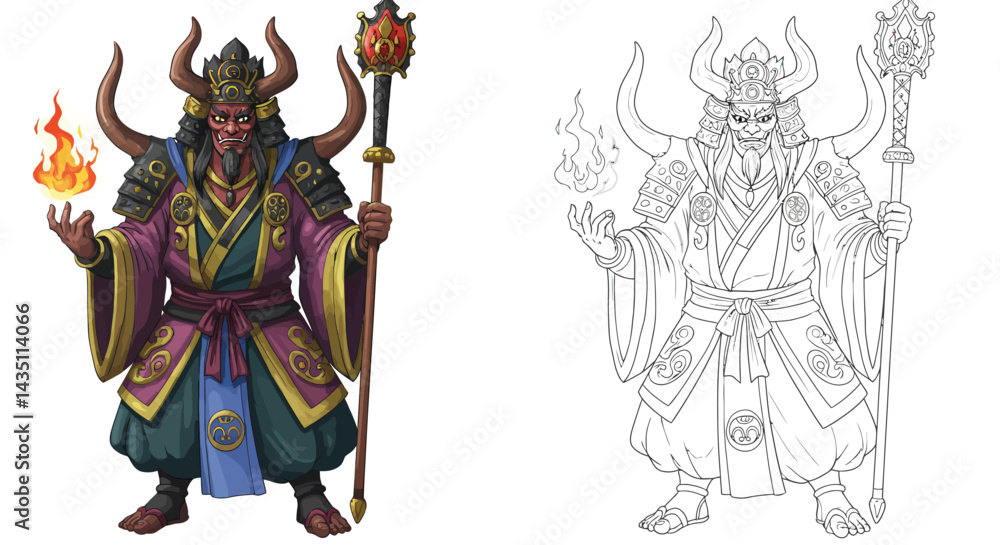 Divine Warrior: A mystical warrior, adorned in traditional attire, wielding a staff and a mystical orb, embodies strength and spiritual power, against a monochrome counterpart. Divine Warrior: A mystical warrior, adorned in traditional attire, wielding a staff and a mystical orb, embodies strength and spiritual power, against a monochrome counterpart.
