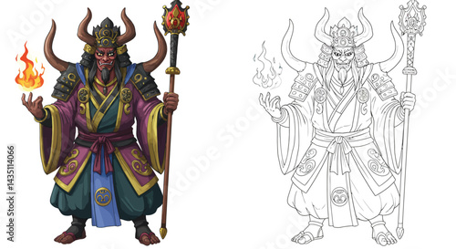 Divine Warrior: A mystical warrior, adorned in traditional attire, wielding a staff and a mystical orb, embodies strength and spiritual power, against a monochrome counterpart.