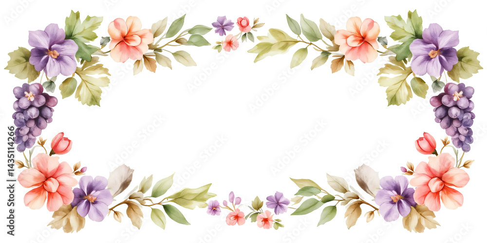 Watercolor, grapevine frame and various flowers, soft and bright colors, suitable for decorating cards, borders, etc. Watercolor, grapevine frame and various flowers, soft and bright colors, suitable for decorating cards, borders, etc.