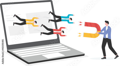 Attracting followers, follow us on social media, subscriber counting concept. Man Holding Magnet Attracting Likes,

