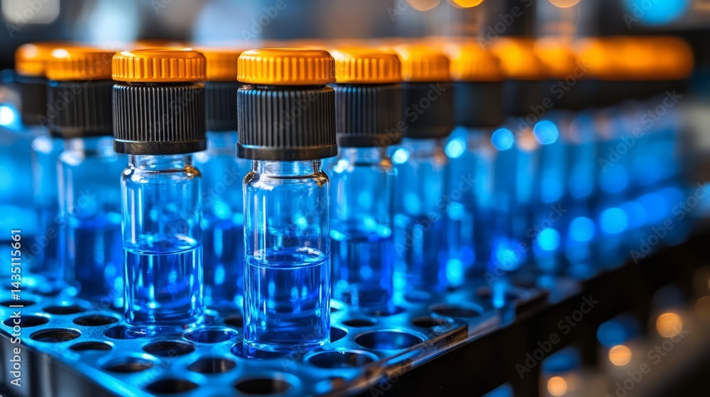 Blue Liquid in Test Tubes: A close-up view of a row of test tubes filled with a vibrant blue liquid, signifying the ongoing process of scientific research and experimentation in a laboratory. Blue Liquid in Test Tubes: A close-up view of a row of test tubes filled with a vibrant blue liquid, signifying the ongoing process of scientific research and experimentation in a laboratory.