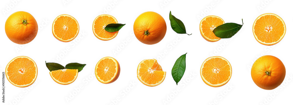 visually appealing arrangement of whole and sliced oranges. showcasing their vibrant color and fresh appearance the composition is enhanced by green leaves. emphasizing the fruit's natural qualities i