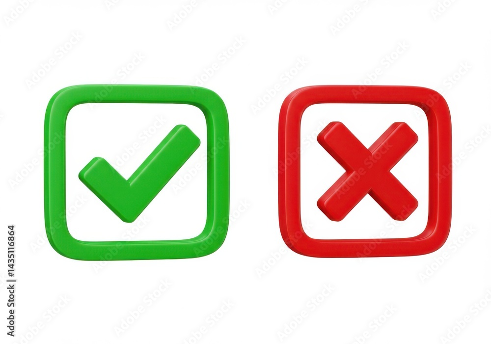 A green check mark and a red x mark isolated on white background A green check mark and a red x mark isolated on white background