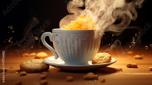 Steaming white teacup with cookies on a dark background
