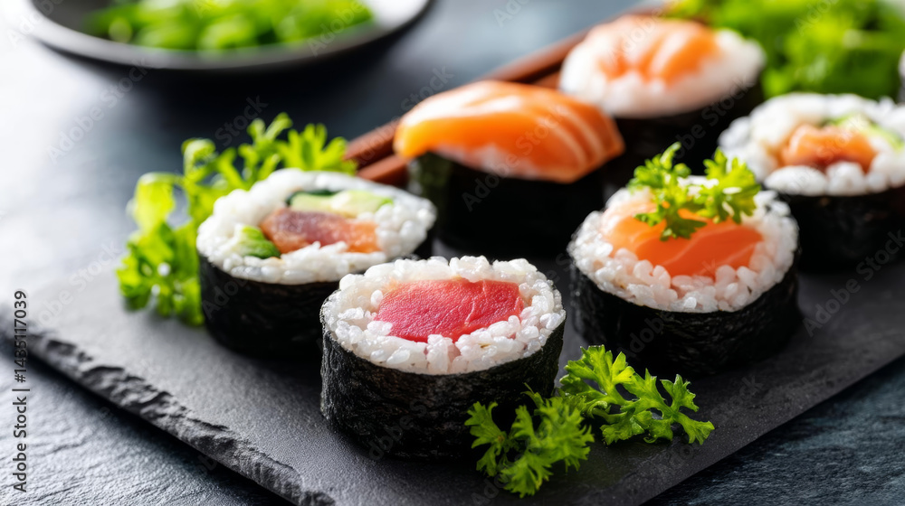 Delicious sushi rolls with fresh fish and vibrant greens on slate plate Delicious sushi rolls with fresh fish and vibrant greens on slate plate