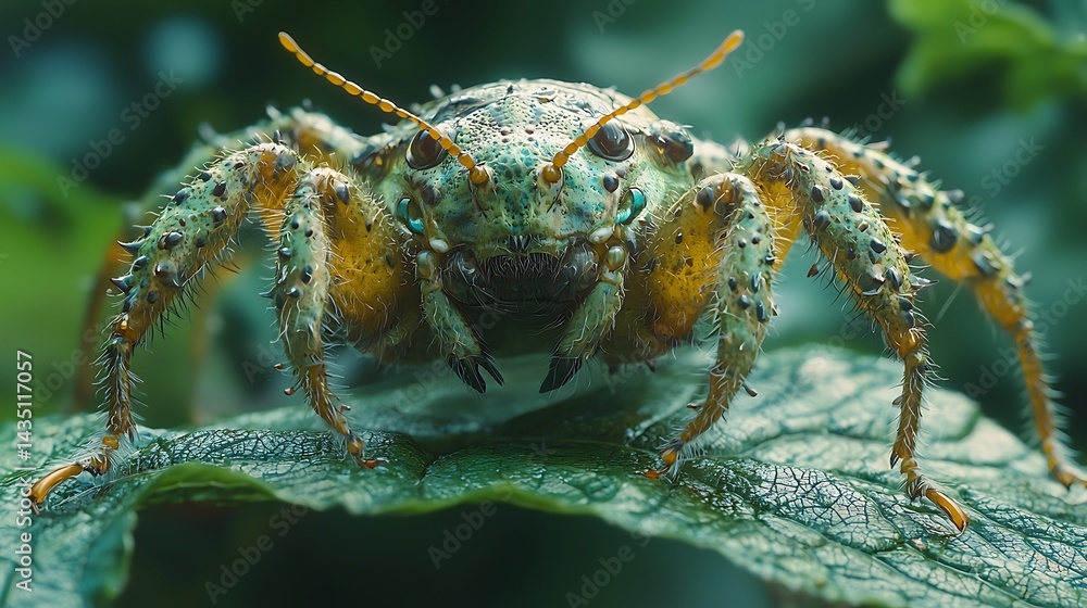 Close-up of a vibrant, textured insect perched on a green leaf in a lush garden setting Close-up of a vibrant, textured insect perched on a green leaf in a lush garden setting