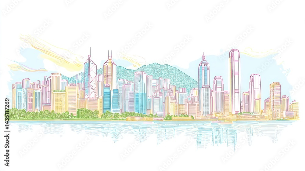Naklejka premium Hong Kong Skyline Sketch, Pastel Colors, Cityscape, Peaceful Morning, Background