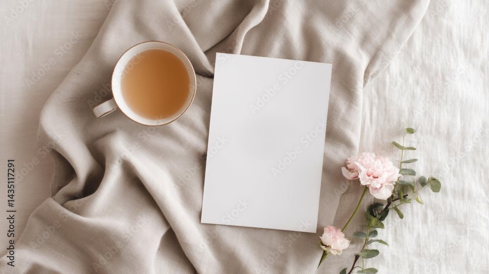 Obraz premium Cozy scene featuring cup of tea, blank card, and delicate flowers on soft fabric