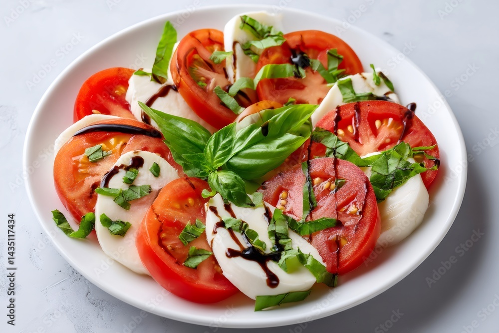 Delicious caprese salad with fresh mozzarella, tomatoes and basil seasoned with balsamic vinegar Delicious caprese salad with fresh mozzarella, tomatoes and basil seasoned with balsamic vinegar