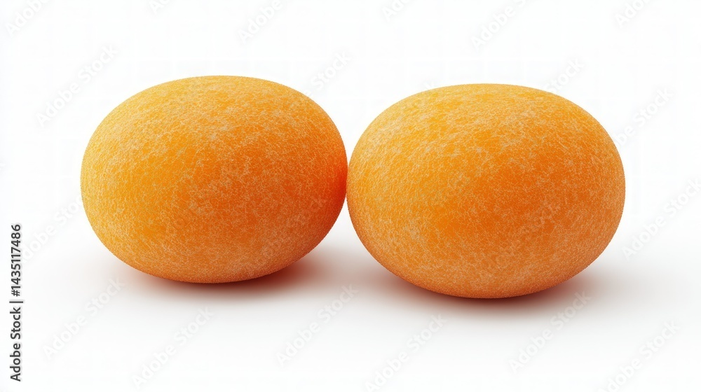 Twin orange orbs rest on white textured spheres hinting at citrus or confection Twin orange orbs rest on white textured spheres hinting at citrus or confection