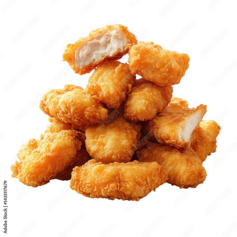 pile of golden-brown. crispy chicken nuggets stacked together. showcasing their crunchy texture and inviting appearance ideal for fast food. casual dining. or snacking. these nuggets appeal to a wide pile of golden-brown. crispy chicken nuggets stacked together. showcasing their crunchy texture and inviting appearance ideal for fast food. casual dining. or snacking. these nuggets appeal to a wide