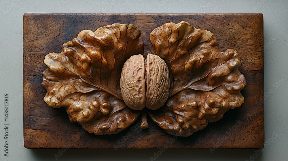 Fototapeta premium Carved walnut halves nestled in leaf design on wooden board.