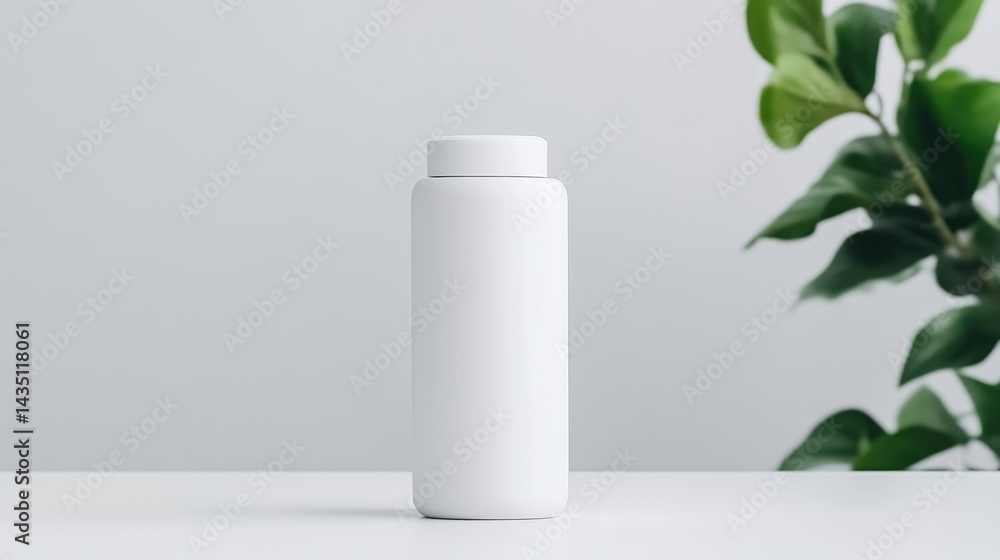 A white cylindrical bottle standing on a clean white surface, minimalist composition with green leaves in the background, and natural and simple setting. A white cylindrical bottle standing on a clean white surface, minimalist composition with green leaves in the background, and natural and simple setting.