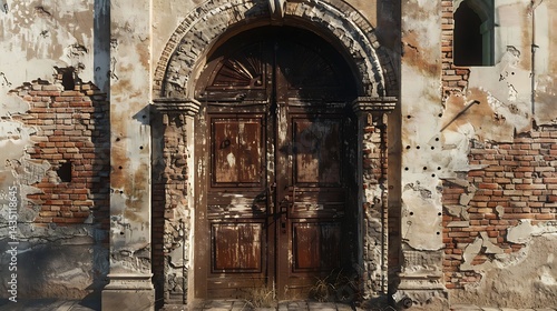 Abandoned wooden door in a crumbling stone archway
