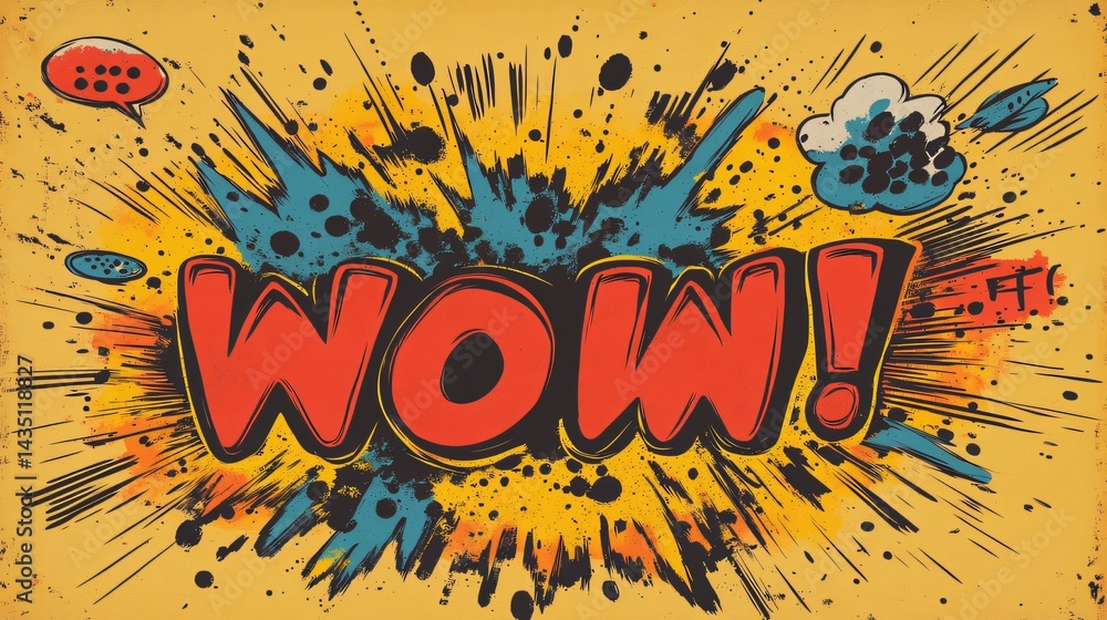 Fototapeta premium Vibrant Retro Pop Art Style with Colorful Wow Lettering and Comic Bubbles on Yellow Background made with Generative AI technology