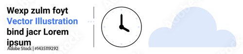 Clock with black hands, modern text block, and soft cloud element convey time, simplicity, and digital theme. Ideal for time tracking, scheduling, planning, weather apps start-ups simple landing