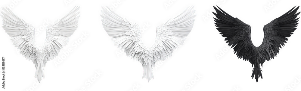 Obraz premium three stylized representations of wings. one in white. one in black. and a third in a textured white design the wings are artistically rendered to emphasize their shape and detail. suggesting themes o
