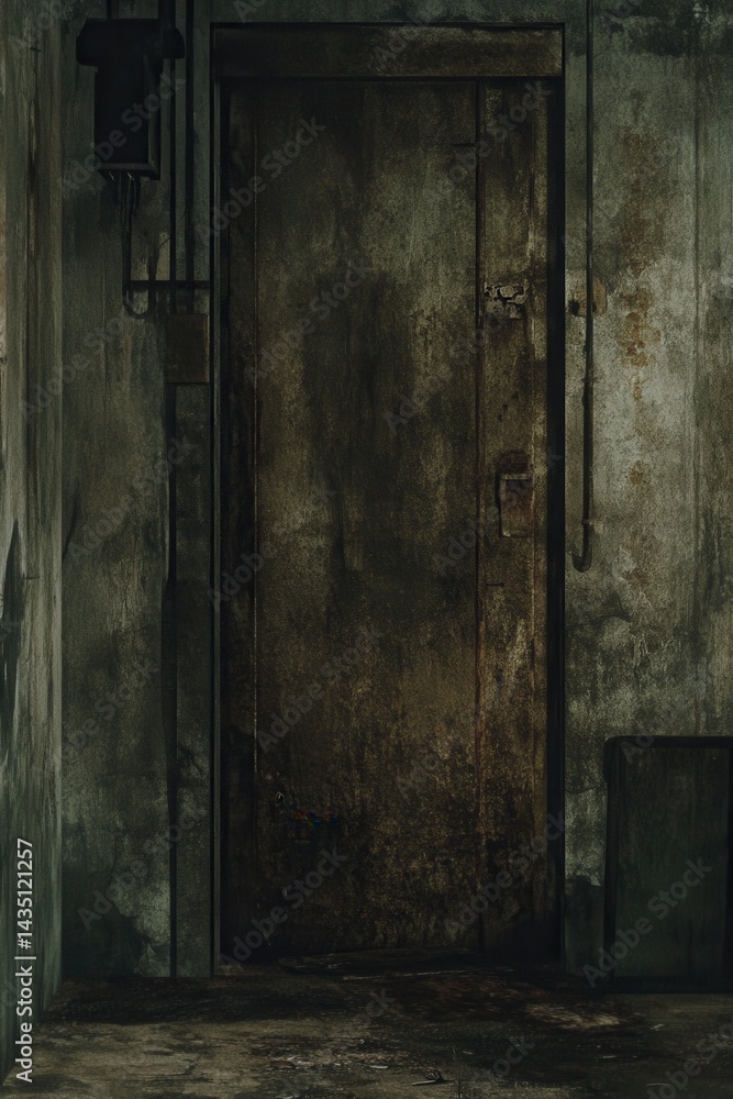 Fototapeta premium Dark and Gritty Doorway in a Dilapidated Industrial Setting with a Mysterious and Eerie Atmosphere and a Sense of Abandonment and Decay Captured from a Low Angle
