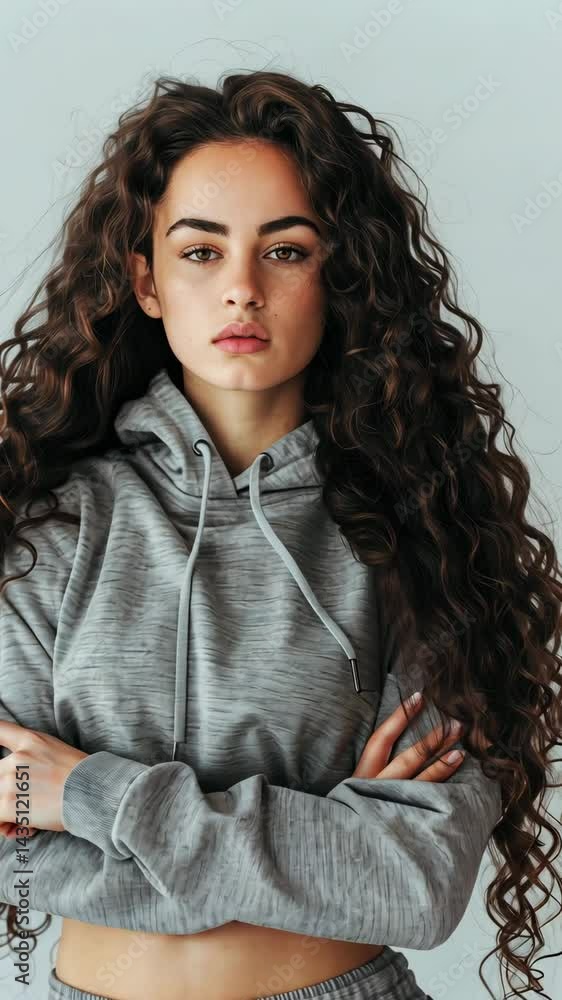 This video showcases an attractive young woman with long curly hair confidently posing in stylish gray sportswear. The fitness concept highlights her enthusiasm for a healthy lifestyle. This video showcases an attractive young woman with long curly hair confidently posing in stylish gray sportswear. The fitness concept highlights her enthusiasm for a healthy lifestyle.