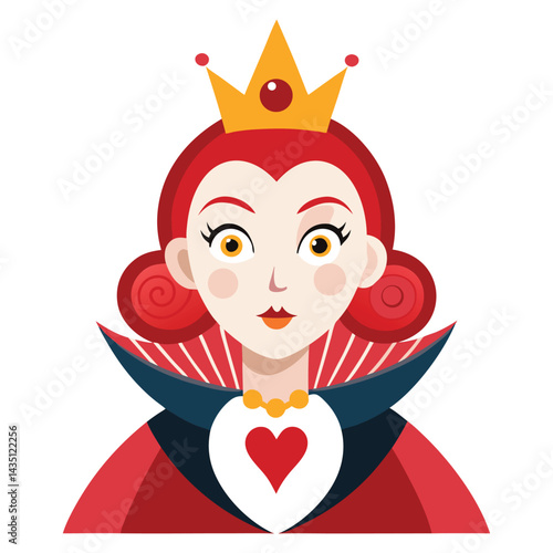 Alice in Wonderland Queen of Hearts clipart. The image shows a stylized depiction of the Queen of Hearts with a crown and a high collar. Vector illustration design.