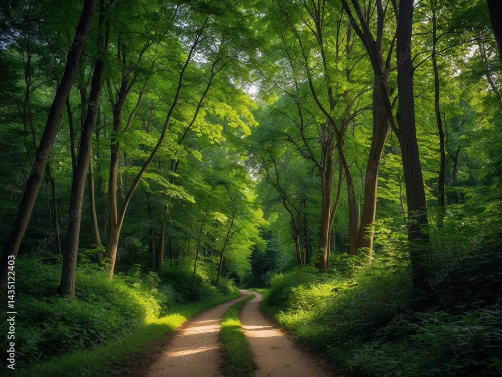 Fototapeta premium Winding dirt path through a lush green forest with tall trees and dappled sunlight. Peaceful nature scene.