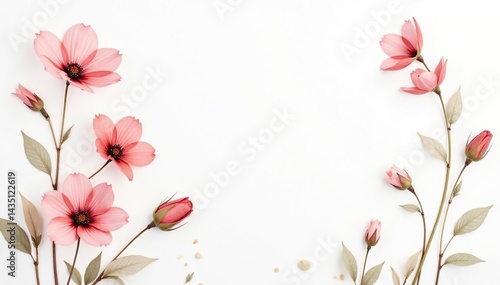 Delicate, minimalist floral print on white background, illustration, pastel, summer