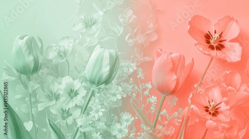 Elegant gradient of coral and mint green with faint overlays of tulips and daisies, creating a modern and subtle floral texture.