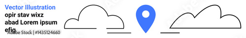 Blue location marker centered between two simple cloud outlines. Ideal for navigation, weather, travel, technology, location services, GPS, minimal design, simple landing page