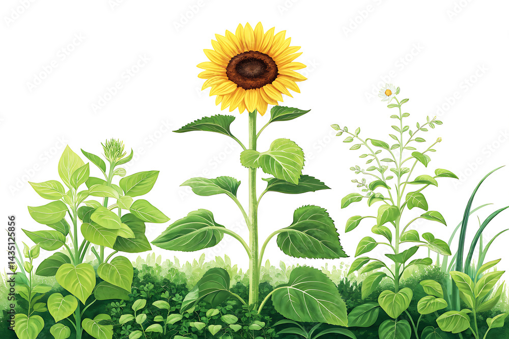 Fototapeta premium Sunflower Growing in Garden with Green Background – Organic Lifestyle Image