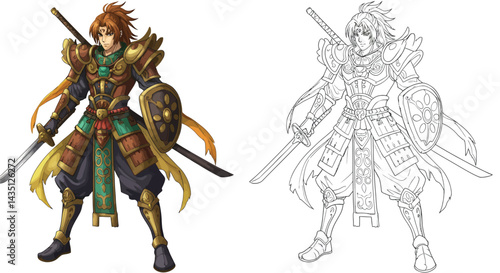 Warrior of Valor: A detailed drawing showcases a fierce warrior clad in ornate armor, wielding a sword and shield, embodying strength and readiness for battle.