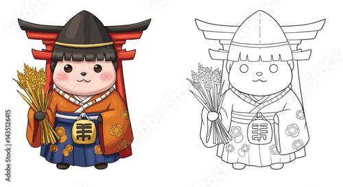 Japanese Shrine Maiden: A charming illustration of a Japanese shrine maiden, her traditional attire and iconic hat are a nod to Japanese culture, holding a bundle of wheat.