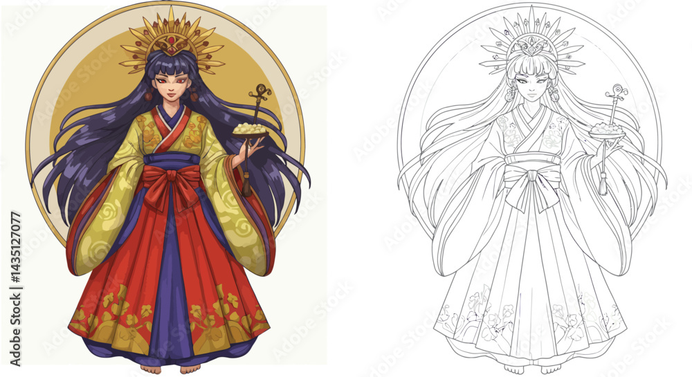 Fototapeta premium Divine Japanese Figure: A detailed illustration of a regal Japanese figure, emanating an aura of serenity and wisdom, is adorned in opulent attire, against a backdrop of cultural heritage.