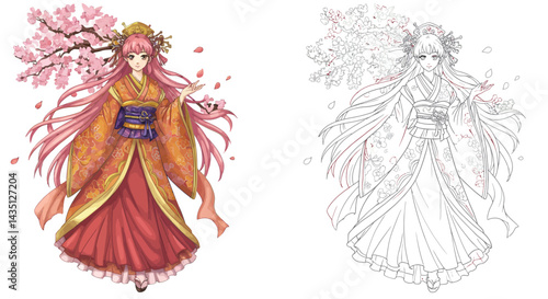 Kimono Blossoms: A captivating anime-style illustration of a woman in a traditional Japanese kimono, adorned with blooming cherry blossoms, exudes cultural elegance and the ephemeral beauty of spring.
