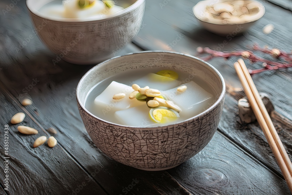 Korean rice cake soup with pine nuts, quail eggs in ceramic bowl on wood table Korean rice cake soup with pine nuts, quail eggs in ceramic bowl on wood table