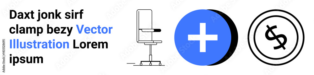 Minimal chair outline, blue medical cross, circular dollar emblem. Ideal for business, healthcare, finance, branding, education modern art technology. Abstract line flat metaphor Minimal chair outline, blue medical cross, circular dollar emblem. Ideal for business, healthcare, finance, branding, education modern art technology. Abstract line flat metaphor