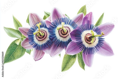 Passion flowers with leaves artwork on a white background