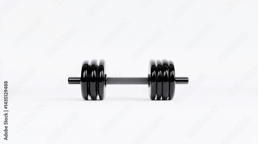Fototapeta premium A black dumbbell with weight plates resting on a clean white surface, and minimalistic composition highlighting fitness and strength training equipment.