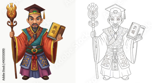 Sage in Ceremony: A detailed illustration of a sage, clutching ancient texts and staff, stands as a figure of wisdom, exuding a sense of history and reverence.
