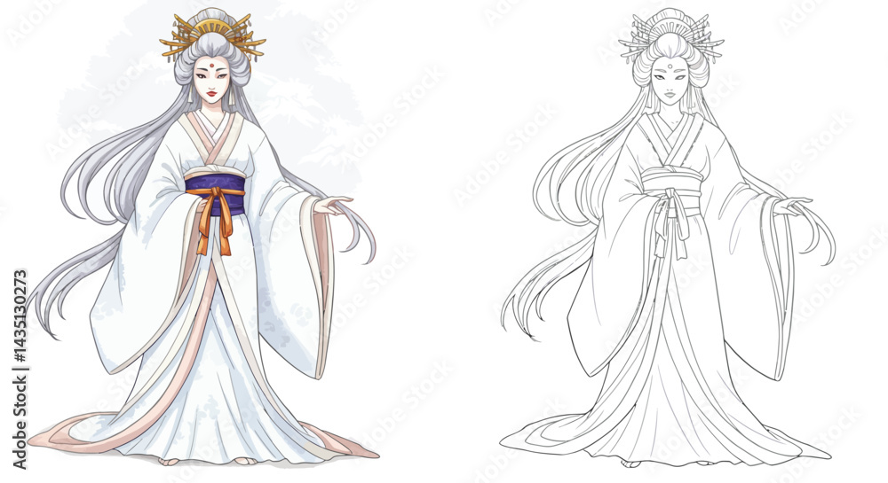 Fototapeta premium Ancient Elegance: Graceful depiction of a serene woman adorned in traditional garments, radiating poise and grace. A beautiful woman stands as a visual representation of tranquility.