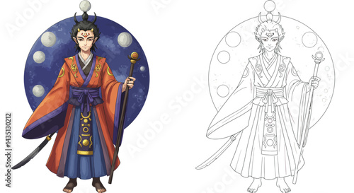 Regal Figure: A depiction of a figure with an elaborate traditional robe.