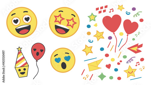 Colorful 3D emojis with various expressions like joy, love, and surprise. Fun and vibrant 3D emoji designs. Element icons collection set.