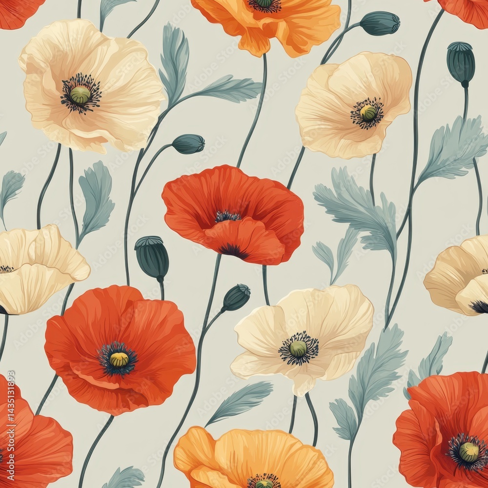 A seamless pattern with realistic poppies, mesmerizing and vibrant, minimalist design, soft colors A seamless pattern with realistic poppies, mesmerizing and vibrant, minimalist design, soft colors
