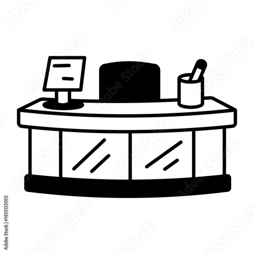 Reception desk with a computer monitor, sketchy style icon
