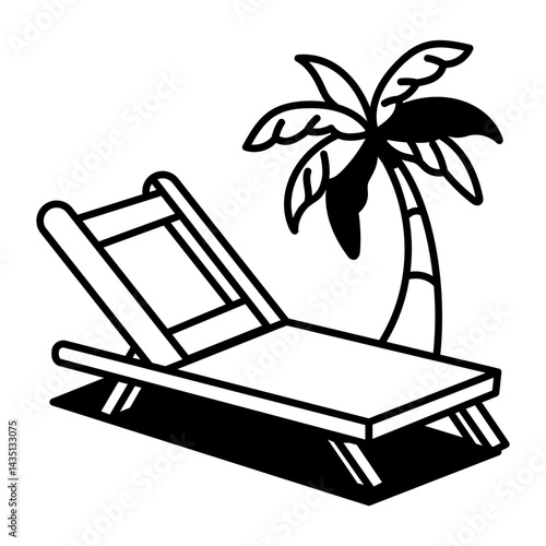 Hand drawn icon showing a sunbed or lounge chair next to a palm tree
